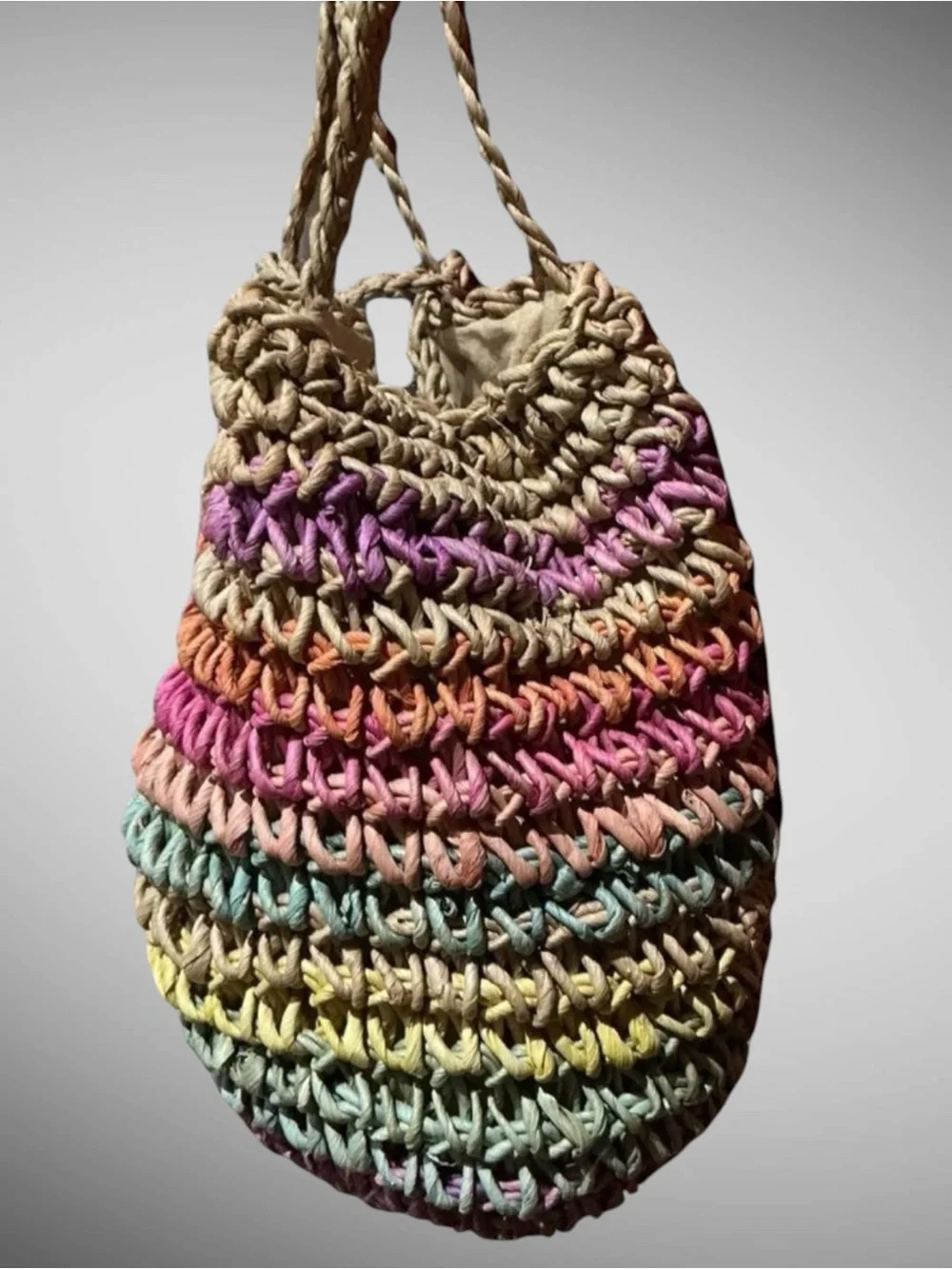 Vintage Rainbow Straw Jute Tote Hobo Bag Boho Beach Crochet Purse